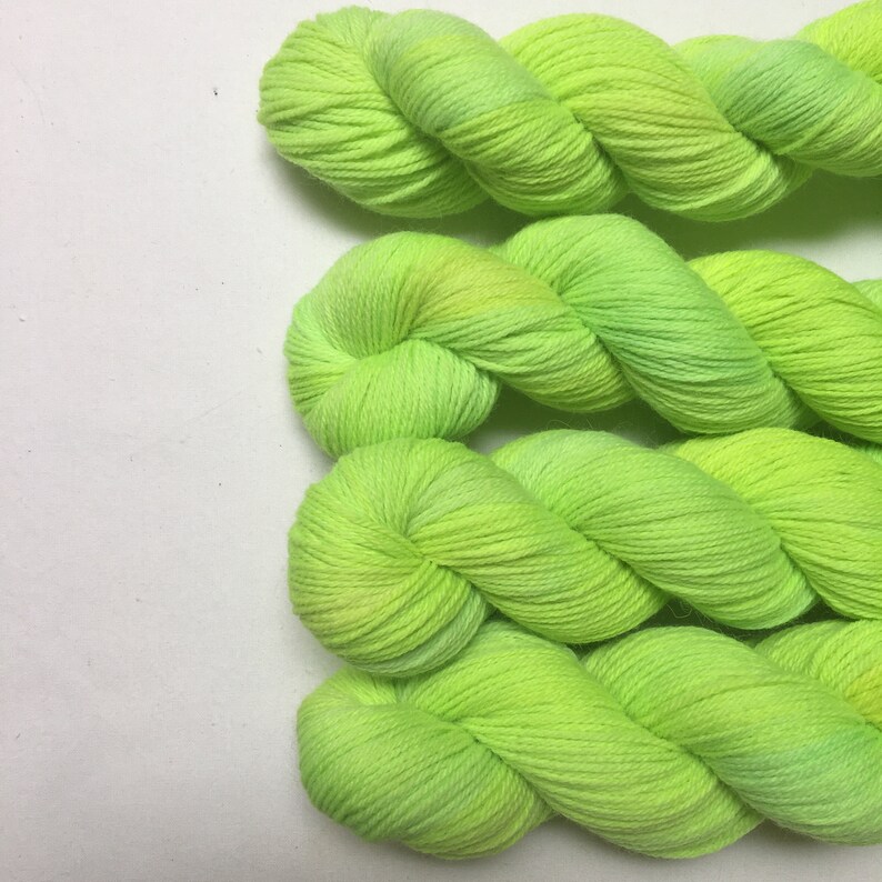 Soft Fingering Weight Yarn Lime Green Yellow Electric Green Neon Green Chartreuse Green Hand Dyed Yarn Alien Wool Angora Fiber