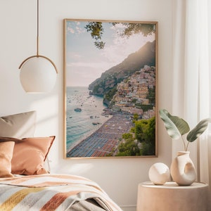 Fotografía de Italia, fotografía aérea de playa, arte mural costero, póster de Positano, Italia, decoración de arte marino, arte costero oceánico