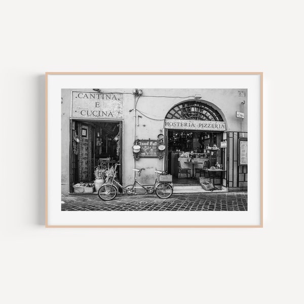 Rome Italy Black and White Print, Black and White fine art print of a restaurant in Rome Italy, Photography Print of the cutest street Rome