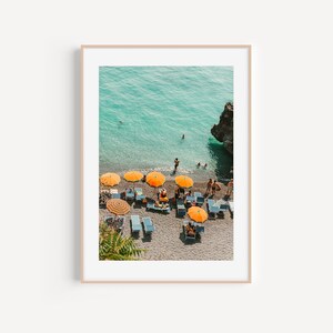 Vintage Look Positano Beach Photography Print, Print of Orange umbrellas and beach in Positano Amalfi Coast Italy, Positano Wall Art image 2