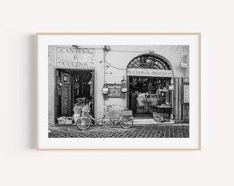 Rome Italy Black and White Print, Black and White fine art print of a restaurant in Rome Italy, Photography Print of the cutest street Rome