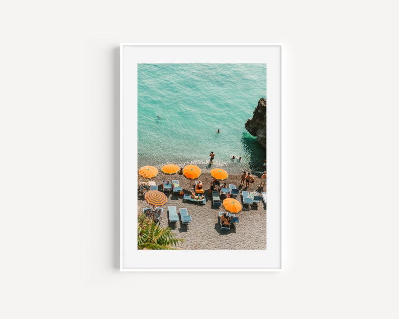 Vintage Look Positano Beach Photography Print, Print of Orange umbrellas and beach in Positano Amalfi Coast Italy, Positano Wall Art image 10