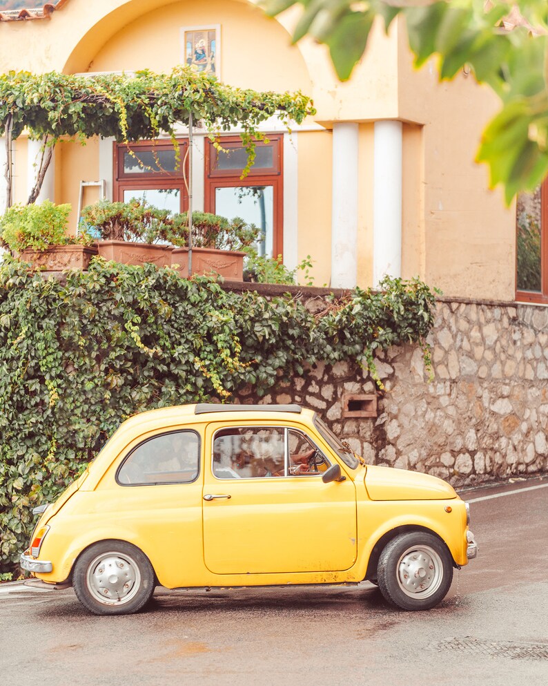 Italy Photography, Positano, Fiat Print, Yellow Fiat, Amalfi Coast, Italy Wall Art, Italy Poster, Car Poster, Wall Art Print, Home Decor image 1