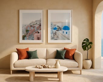 Láminas decorativas de gran tamaño de Santorini: Cúpulas y escalones azules de Oia (juego de 2)