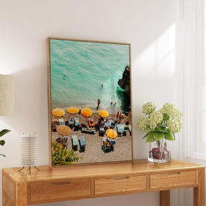 Bedroom Wall Art, Vintage Look Positano Beach Photography Print, Print of Orange umbrellas and beach in Positano Amalfi Coast Italy, Decor