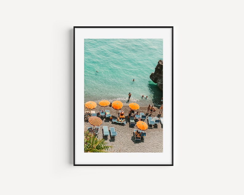 Vintage Look Positano Beach Photography Print, Print of Orange umbrellas and beach in Positano Amalfi Coast Italy, Positano Wall Art image 8