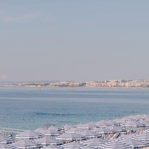 Nice France Beach Fine Art Print: Blue Striped Umbrellas, Mediterranean Sea Photography