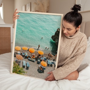 Vintage Look Positano Beach Photography Print, Print of Orange umbrellas and beach in Positano Amalfi Coast Italy, Positano Wall Art