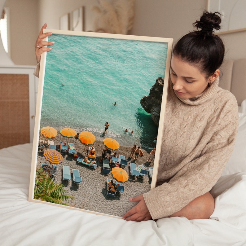 Vintage Look Positano Beach Photography Print, Print of Orange umbrellas and beach in Positano Amalfi Coast Italy, Positano Wall Art image 1