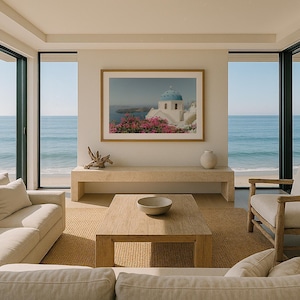 Imerovigli Blue Dome & Bougainvillea Fine Art Print: Santorini Photography, Greece Coastal Wall Art