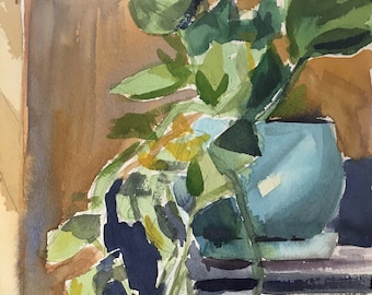 Original watercolor Painting, Watercolor Still Life, Painting of Plant on Bookshelf
