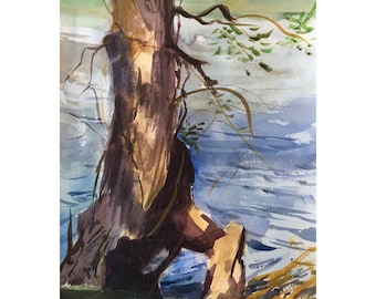 Original Watercolor Paintings, Tree Along River Bank Painting, Watercolor Paintings of a Tree