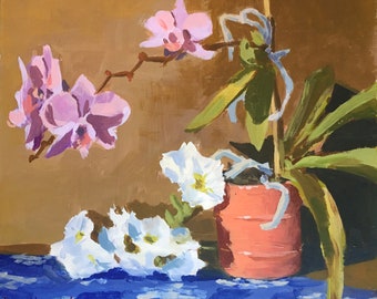 Original Orchid Flower Painting, Flower Painting Still Life, Small Original Painting