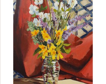 Original Floral Still Life Painting on Canvas, Flowers in Vase Acrylic Painting