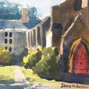 Original Watercolor Painting, Church Yard Painting, Small Watercolor Painting