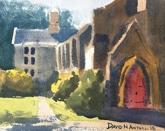 Original Watercolor Painting, Church Yard Painting, Small Watercolor Painting