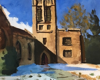 Original Landscape Painting, Painting of a Church, Winter Landscape Painting