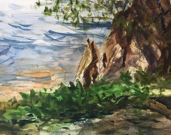 Original Watercolor Painting, Watercolor Landscape Painting, Tree Along River Painting