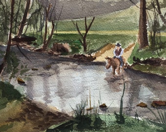 Original Watercolor, Rural Watercolor Painting, Horse Watercolor Painting, Small Landscape Painting