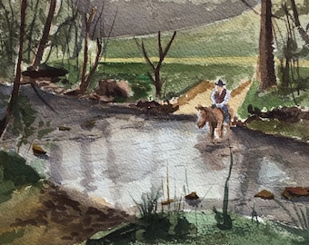 Original Watercolor, Rural Watercolor Painting, Horse Watercolor Painting, Small Landscape Painting