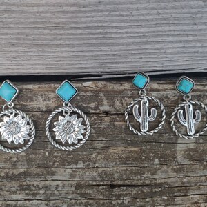 Western Turquoise and Sunflower or Cactus Earrings