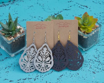 Wood Teardrop Mandala Earrings