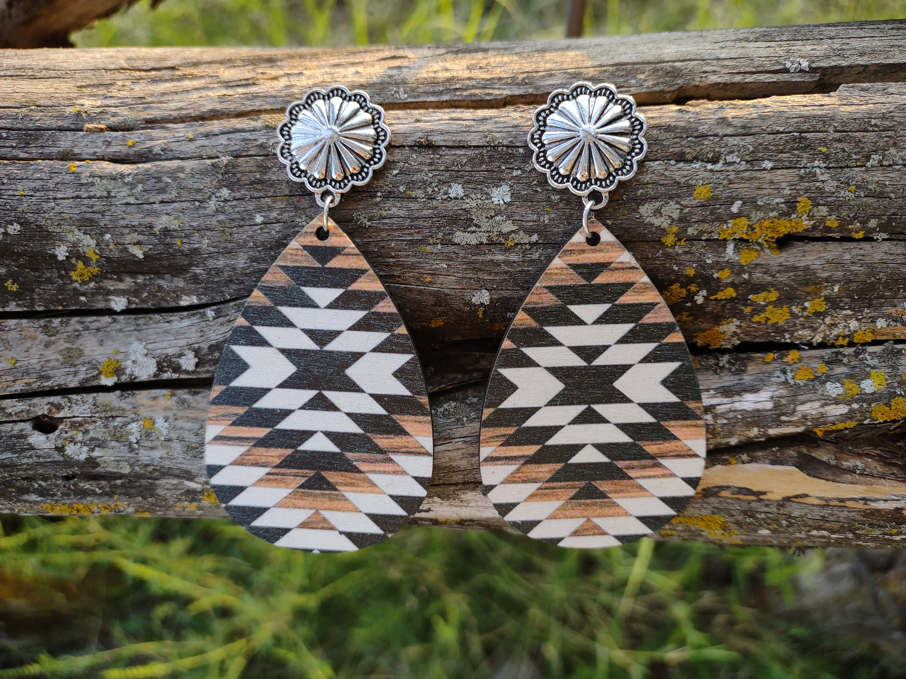 Western Wooden Aztec Concho Earrings - Etsy