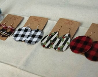 Holiday Earrings; Wood Earrings; Buffalo Check Winter Earrings; Mistletoe Earrings; Winter Plaid Earrings