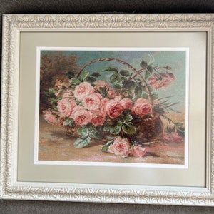 Finished cross stitched picture of beautiful roses in the basket Hand embroidery