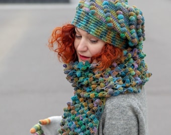 Set accessories oversize crochet colorful scarf and hat