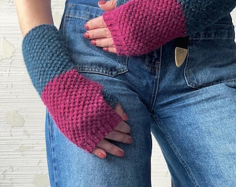 Handmade tweed ceochet mittens, two-tone fingerless gloves