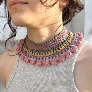 Crocheted cotton choker in pastel colors taupe-sagebrush-mustard-rose pink