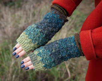 Green brown crocheted arm warmers