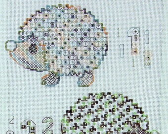 123 Hedgehogs Cross Stitch and coloured Blackwork chart in PDF Digital download Format.
