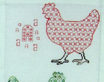 ABC Hens Cross Stitch Chart: Blackwork Chicken Design (PDF Pattern)