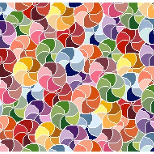 Cuadro PDF de punto de cruz contado con círculos giratorios de colores del arcoíris. Formato de descarga instantánea.