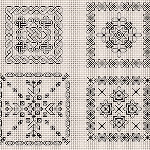 Diseños de bordado de posavasos en negro: 4 patrones cuadrados (descarga digital en PDF)