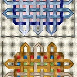 Gráficos de punto de cruz contado en PDF de cuadrados de nudos triples y nudos eternos. 2 gráficos en uno en diferentes colores. Descarga instantánea.