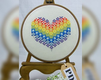 Patchwork Rainbow Heart Counted Cross Stitch Chart in PDF Digital Download Format.