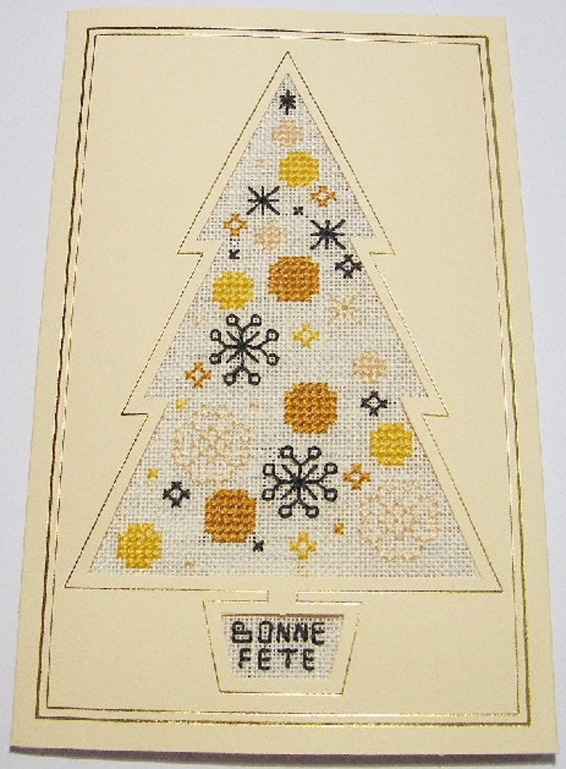 Snowflake Bauble Tree Card Kit in Cross Stitch and back stitch on Aida English and French wording Christmas Card Kit. Linen or evenweave