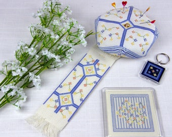 Lilac Blue Cross Stitch Charts: Biscornu, Bookmark, Coaster, Keyring (PDF Download)