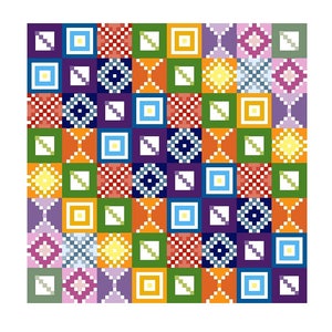 May include: A colorful patchwork quilt pattern with a variety of geometric shapes and designs. The quilt is made up of squares, rectangles, and circles in shades of red, orange, yellow, green, blue, purple, and pink.