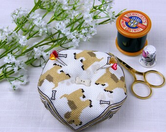 Cute Dog Biscornu Kit. Counted Cross Stitch Kit to stitch in 14 count pawprint Aida.