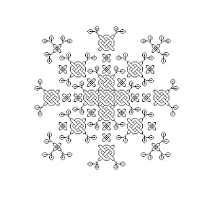 Puede incluir: Diseño geométrico en blanco y negro con un patrón similar a un copo de nieve. El diseño presenta nudos intrincados y líneas entrelazadas.
