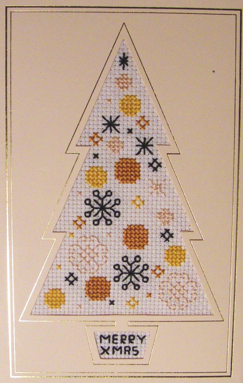 Snowflake Bauble Tree Card Kit in Cross Stitch and back stitch on Aida English and French wording Christmas Card Kit. Linen or evenweave