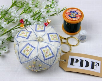 15 sided Lilac Blue Biscornu PDF Counted Cross Stitch Chart. Digital Download Format.