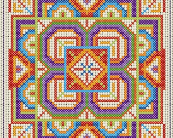 Mediterranean Tile Counted Cross Stitch Chart in PDF Digital Download Format. Biscornu square.
