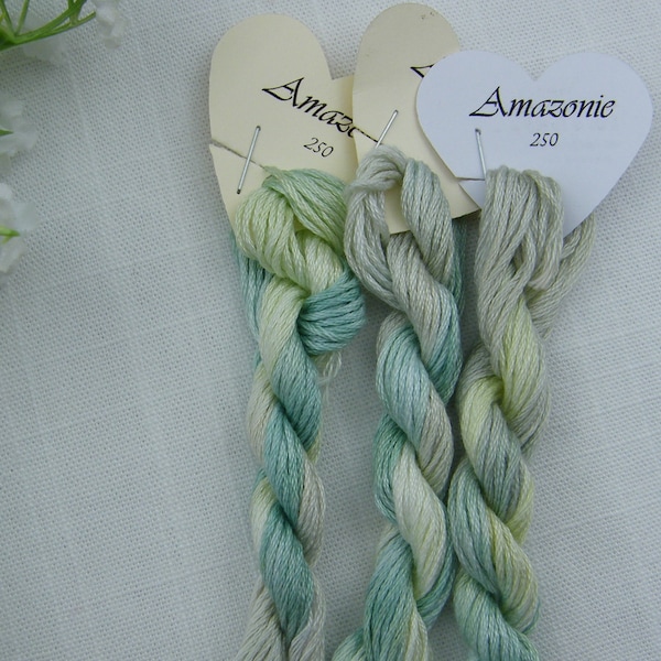 250 - Amazonie, interesting shades of green, Hand Dyed variegated Stranded Cotton skein.