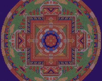 Tibetan Mandala Counted Cross Stitch Chart in PDF Instant Download Format.