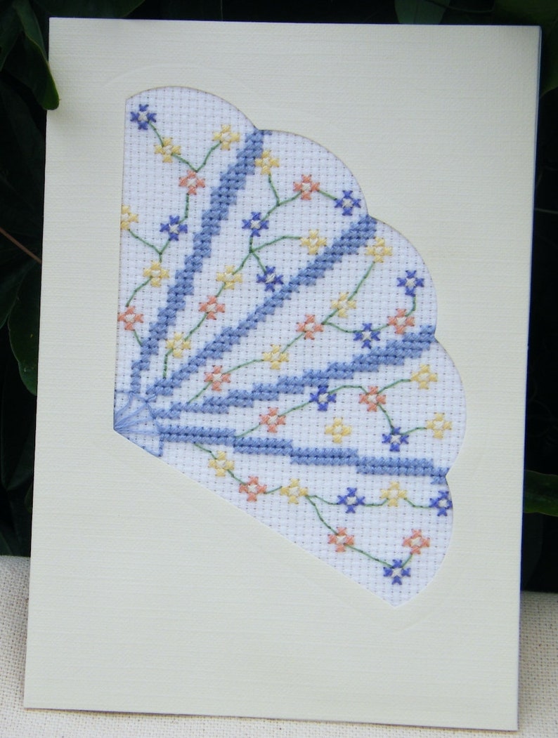 Card and Envelope supplied. Kit Lilac Blue Fan Card complete Counted Cross Stitch on 14 count Aida to work with Anchor stranded cottons